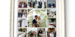 Wedding day photo collage on a white wall