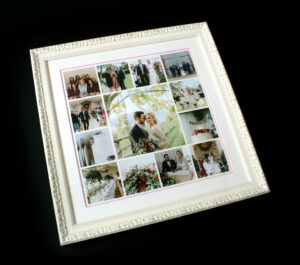 Wedding day photo collage on a black background